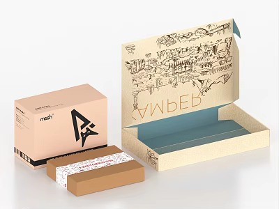Pink Daily Essentials Packaging Box Featuring Hand Drawn Patterns And Blue Lining Open 3d model