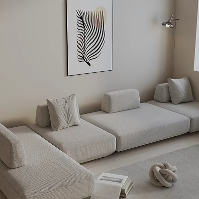 Minimalist Light Gray Fabric Three Seater Sofa With Decorative Pillows In Living Room 3d model