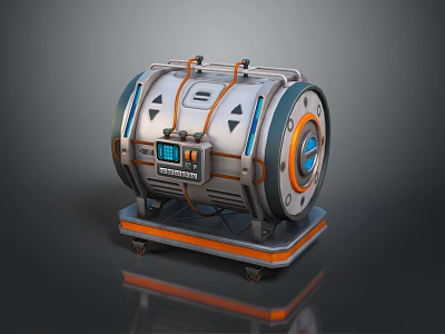 Mechanical Sci-Fi Device With Circular Design Digital Display And Orange Blue Accents On Wheeled Base 3d model