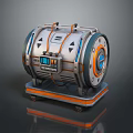 Mechanical Sci-Fi Device With Circular Design Digital Display And Orange Blue Accents On Wheeled Base