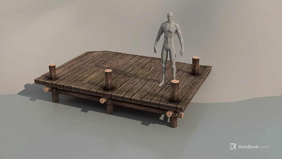 Wooden Bridge Platform With Wooden Planks And Post Supports And Human Figure 3d model 