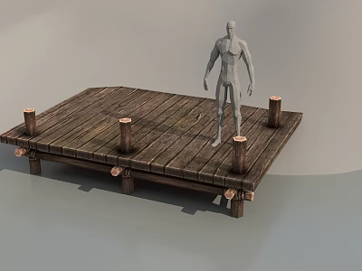 Wooden Bridge Platform With Wooden Planks And Post Supports And Human Figure 3d model