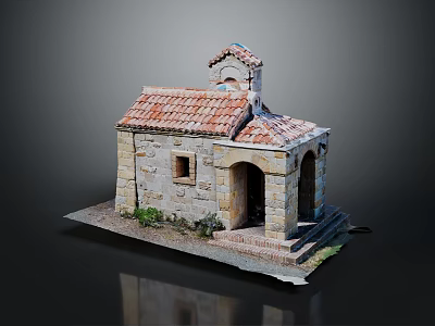 Traditional Stone Chapel Building With Red Tiled Roof Arched Doorway And Small Tower 3d model