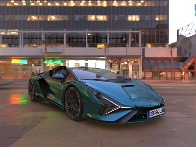 Blue Lamborghini Convertible Sports Car On Urban City Street At Night With Sharp Design 3d model