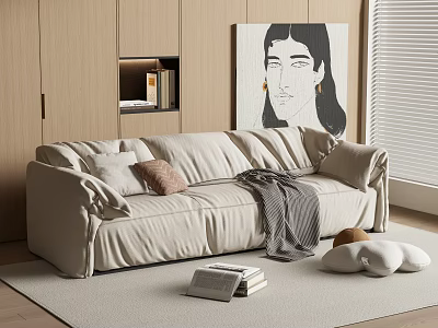 Cozy Beige Sectional Sofa With Throw Pillows And Blanket In Living Room 3d model