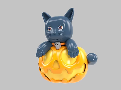 Gray Cat Figure With Skull Collar Sitting On Orange Halloween Pumpkin Decoration 3d model