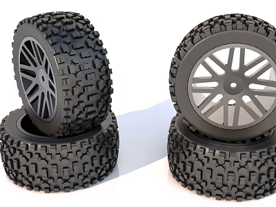 Off Road Tires with Deep Tread Pattern Stacked on Black Rims 3d model