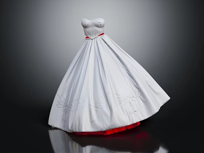 White Strapless Dress With Red Lining And Dragonfly Embroidery On Skirt 3d model