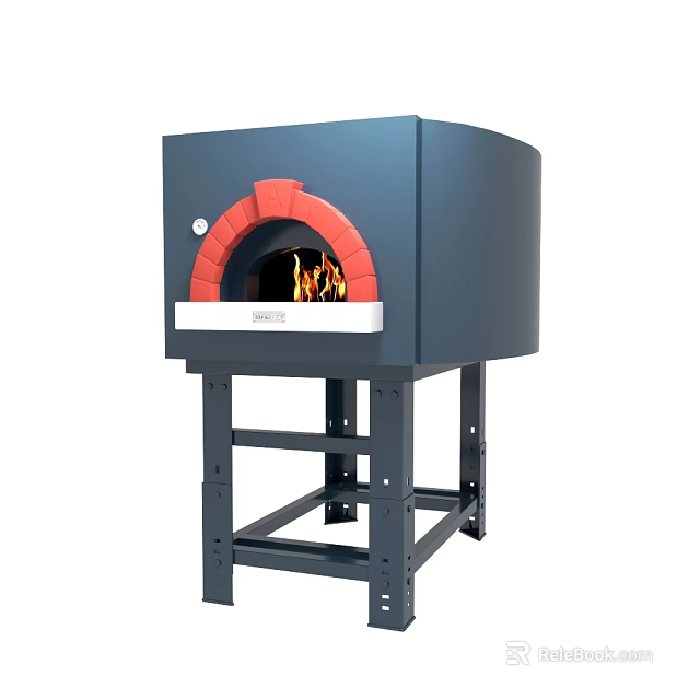 Blue Pizza Oven With Red Border And Flames On Metal Stand 3d model 