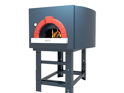 Blue Pizza Oven With Red Border And Flames On Metal Stand 3d model