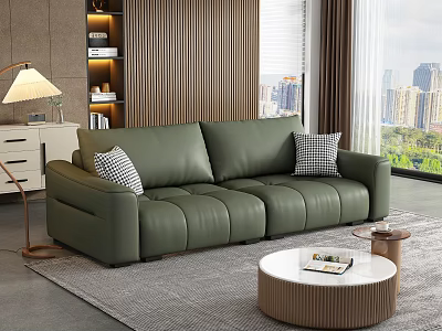Modern Living Room With Green Sectional Sofa Plaid Pillows Round Coffee Table And Floor Lamp 3d model