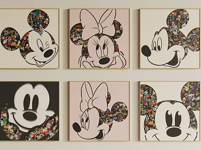 Colorful Mickey Minnie Themed Photo Wall With Framed Art Decorations 3d model