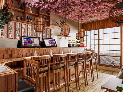 Traditional Japanese Restaurant Interior With Wooden Bar High Chairs Cherry Blossom Lanterns And Order Screens 3d model
