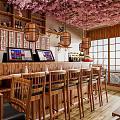 Traditional Japanese Restaurant Interior With Wooden Bar High Chairs Cherry Blossom Lanterns And Order Screens
