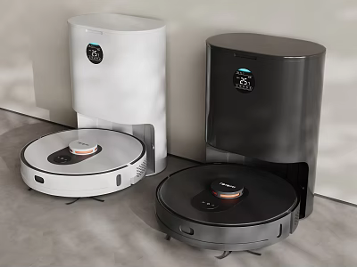 Modern White And Black Robot Vacuum Cleaners With Charging Docks Smart Household Appliances 3d model