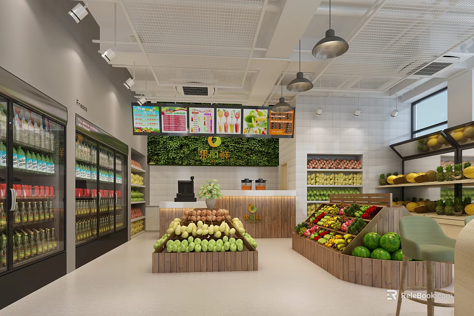 Modern Fruit Store Interior With Fresh Fruit Displays Refrigerated Cases Hanging Lamps And Green Wall 3d model 
