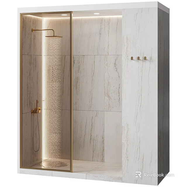 Modern Shower Sauna Interior Design With Marble Tiles Glass Enclosure And Gold Faucet 3d model 