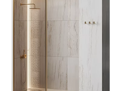 Modern Shower Sauna Interior Design With Marble Tiles Glass Enclosure And Gold Faucet 3d model