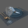 Elegant Tableware Set with Blue Plate White Napkin and Golden Cutlery on Gray Checkered Placemat