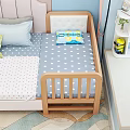 Wooden Kids Bed with Gray Polka Dot Mattress Blue Pillow and Yellow Step in Room