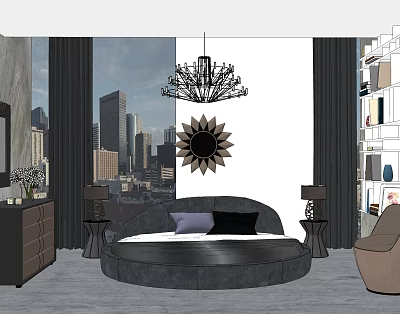 Modern Round Bed Bedroom with Chandelier Mirror Nightstands and City View 3d model