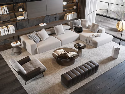 Modern Beige Sofa And Coffee Table Set With Cushions Rug Floor Lamp And Bookshelves 3d model