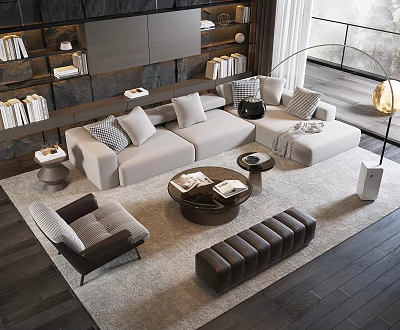 Modern Beige Sofa And Coffee Table Set With Cushions Rug Floor Lamp And Bookshelves 3d model