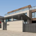 Modern House Entrance Gate With Black Metal Design Glass Curtain Wall And Red Trees