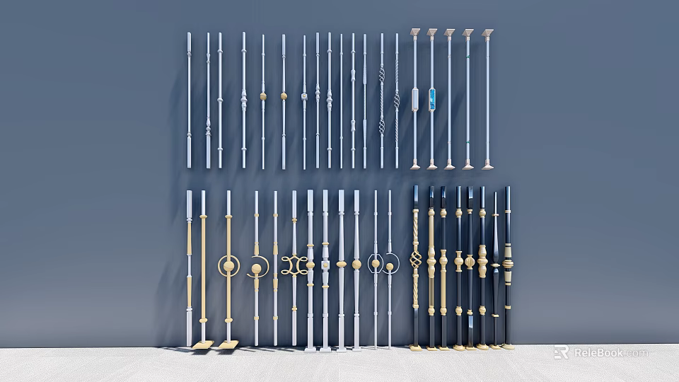 Metal Railings with Decorative Designs in Silver Gold and Black Colors 3d model 
