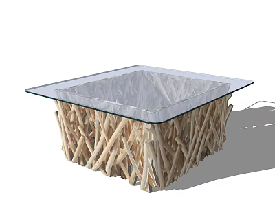 Rustic Coffee Table With Square Glass Top And Interlaced Wooden Stick Base Design 3d model
