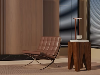 Brown Leather Leisure Chair with Quilted Design Wooden Side Table and Table Lamp 3d model