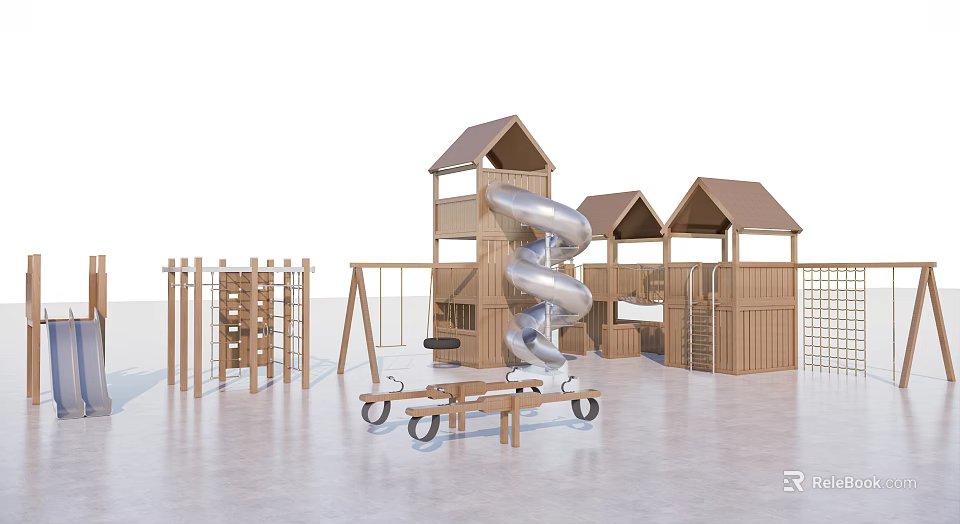 Wooden Playground Equipment With Spiral Slide Swings Climbing Frame And House Shaped Structures 3d model 