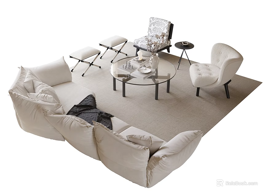 Modern Beige L shaped Sofa Coffee Table Set With Glass Top And Accent Chairs 3d model 