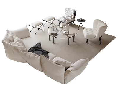 Modern Beige L shaped Sofa Coffee Table Set With Glass Top And Accent Chairs 3d model