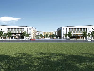 Two Connected Modern White School Buildings With Spacious Front Lawn And Trees 3d model