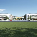Two Connected Modern White School Buildings With Spacious Front Lawn And Trees