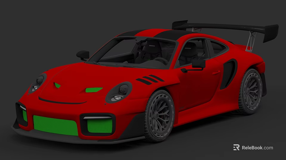 Red Race Car With Black Roof Rear Spoiler Green Front Lip And Black Wheels 3d model 