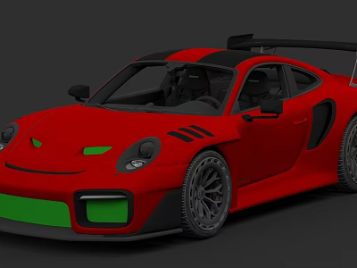 Red Race Car With Black Roof Rear Spoiler Green Front Lip And Black Wheels 3d model