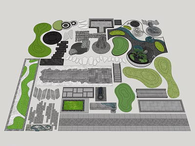 Garden Landscape Design With Shaped Green Areas Stone Pathways And Decorative Elements 3d model