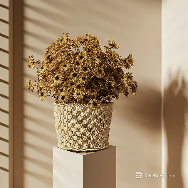 Natural Dried Flowers Arrangement in Woven Basket on White Pedestal with Window Blind Shadows 3d model 