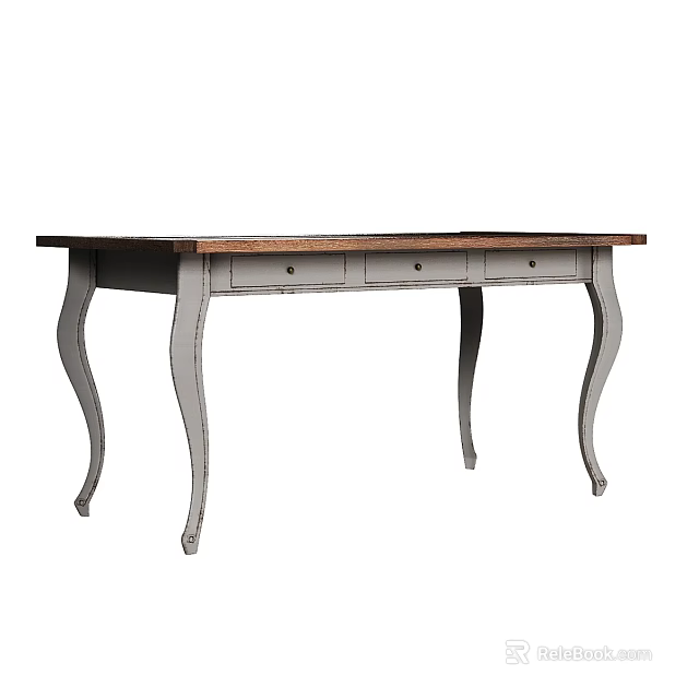 Elegant Classic Desk With Wooden Top Gray Curved Legs And Drawer Storage 3d model 