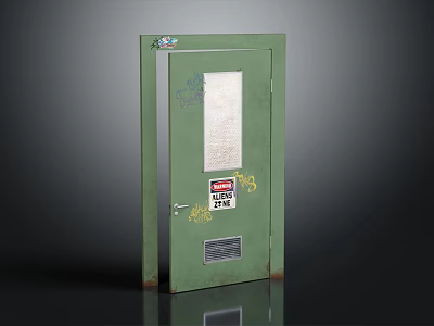 Green Metal Hinged Door With Warning Label Graffiti And Rust Details 3d model