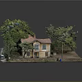 Cartoon Scene Featuring Yellow House Red Roof Surrounding Green Trees And Dirt Pathway