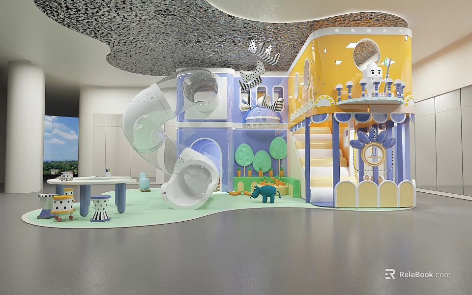 Indoor Kids Play Area With Colorful Structures Slide And Animal Toys 3d model 