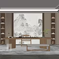 Traditional Chinese Tea Room Interior with Landscape Wall Painting Wooden Tea Table and Display Shelves