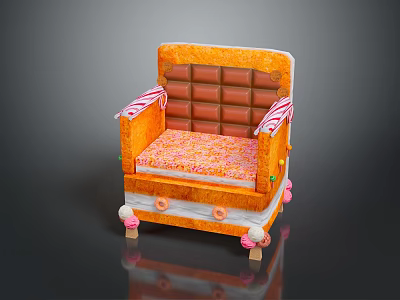 Candy Themed Orange Chair With Chocolate Block Backrest Striped Armrests And Donut Decorations 3d model
