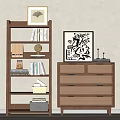 Wooden Storage Shelves and Cabinet Featuring Rattan Drawers Books Picture Frames and Decorative Items