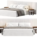 Modern Double Bed With Upholstered Headboard White Pillows Gray Blanket And Wooden Nightstand