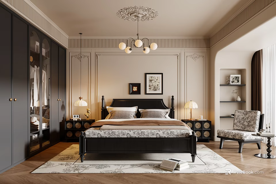 Classic Bedroom Interior With Black Bed Frame Chandelier Decorative Paintings Dark Wardrobes And Bedside Lamps 3d model 