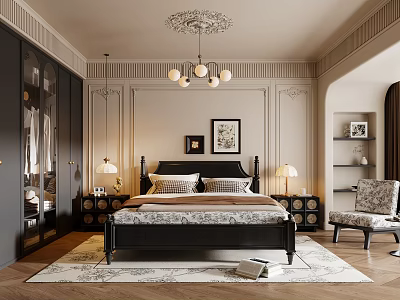 Classic Bedroom Interior With Black Bed Frame Chandelier Decorative Paintings Dark Wardrobes And Bedside Lamps 3d model
